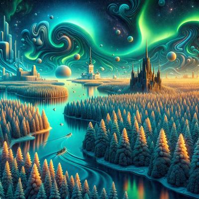 The primary subject of the image is a beautifully illustrated scene of a boat traveling through a serene river surrounded by a lush forest. The setting is a picturesque landscape with a blue river, a boat, and a variety of trees. The visual style is a combination of digital art and illustration, creating a vibrant and captivating atmosphere. The colors and mood of the image are predominantly blue and green, evoking a sense of tranquility and natural beauty.